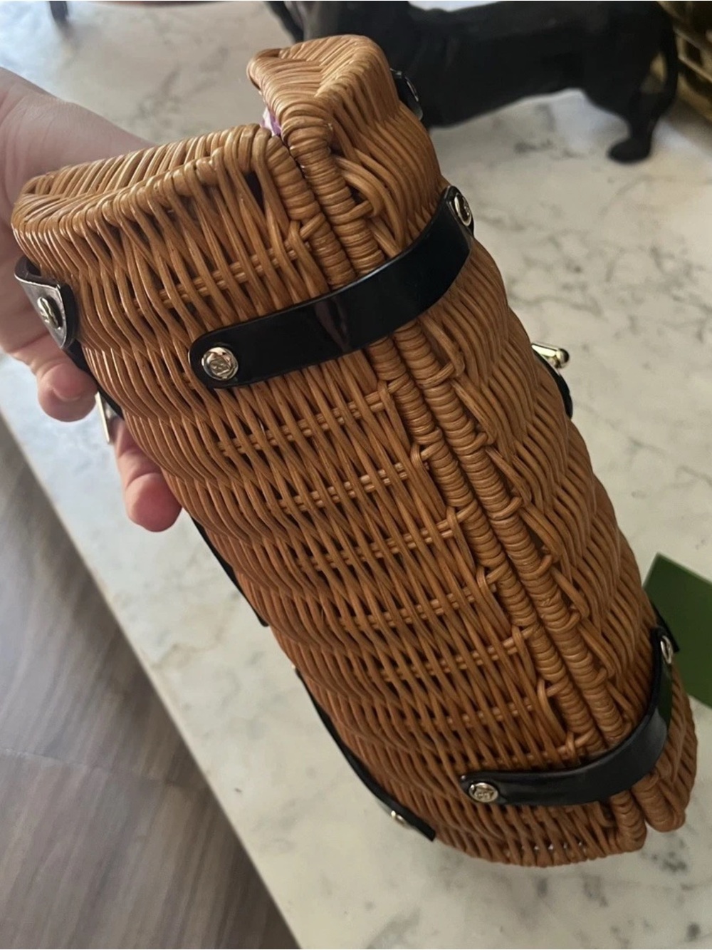 ♠️ KATE SPADE ♠️ Woven Straw Shoulder Bag with Black Leather Trim - Picture 6 of 16